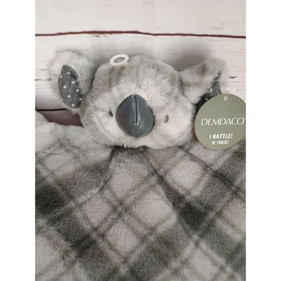 Demdaco Koala Kisses Rattle Blankie 9" X 9" Soft Plush Baby Toy Gray White Plaid - Picture 8 of 8